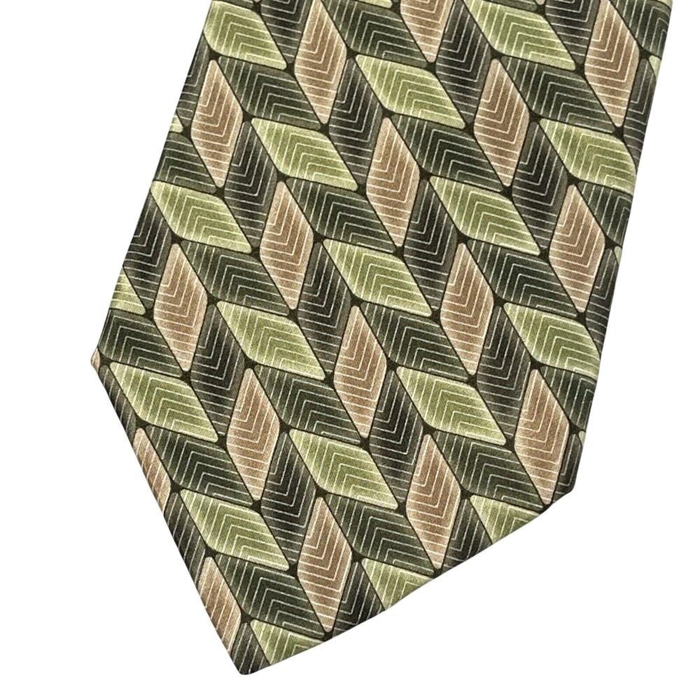 Stafford Mens Neck Tie Green Brown Geometric Print 100% Silk Made in USA